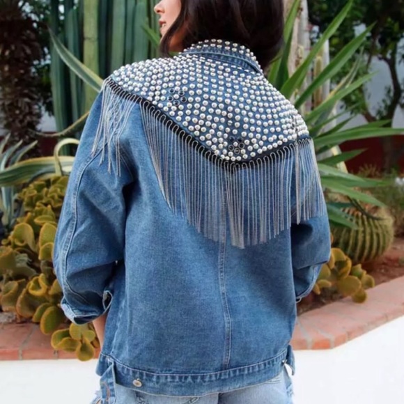 Jackets & Blazers - Blue Oversized Studded Chain Fringe Denim Jacket